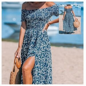 CUPSHE Women's Off Shoulder Beach Dress Floral Tube Ruffle Short Sleeve Medium